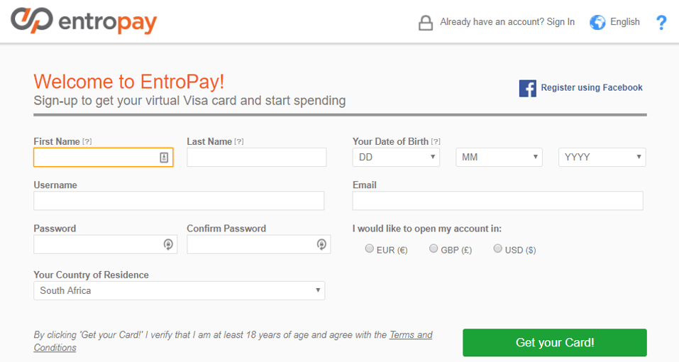 Signing up for an EntroPay account