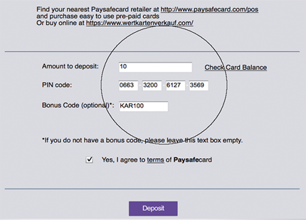 Making a deposit with Paysafecard