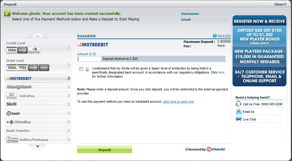 Making a deposit with InstaDebit