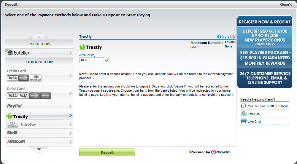Making a deposit with Trustly